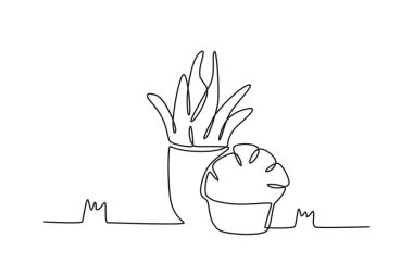 Tencerede iki çiçek. Bahçe tek çizgi çizimi