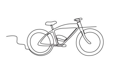 Büyük tekerlekli elektrikli bisikletin yan görüntüsü. Elektrikli bisiklet tek satırlık çizim