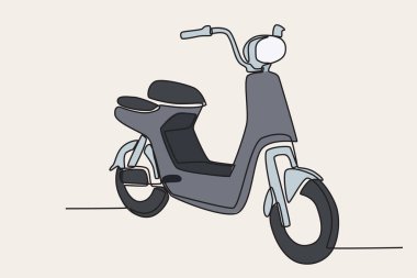 Elektrikli bisikletin ön görüntüsünün renkli çizimi. Elektrikli bisiklet tek satırlık çizim