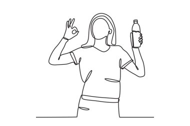 Su içen mutlu bir kadın. Dünya Su Günü tek satırlık çizim