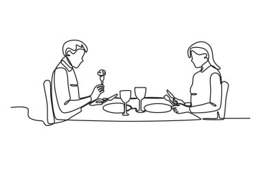 Bir çift lüks bir akşam yemeği yer. Mum ışığında akşam yemeği tek satırlık çizim