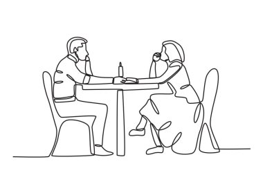 Romantik eller tutan bir çift. Mum ışığında akşam yemeği tek satırlık çizim