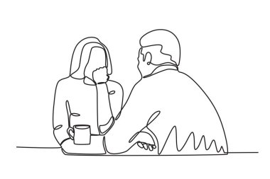 Bir çift, bir fincan çayla romantik bir şekilde konuşur. Mum ışığında akşam yemeği tek satırlık çizim