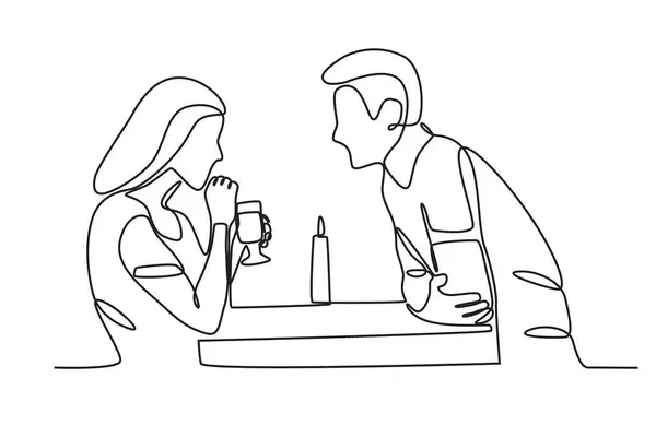 Мужчина Пялится Свою Девушку Пьющую Легкий Ужин Свечах Однострочный Рисунок Стоковый вектор