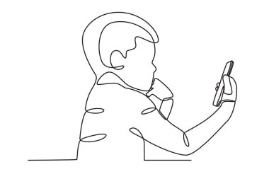 Cep telefonu çalan bir çocuk. Cep telefonu bağımlılığı tek satırlık çizim