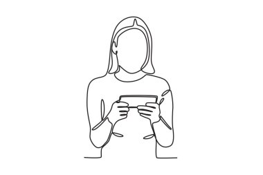 Bir kadın internet kullanmaya bağımlıdır. Cep telefonu bağımlılığı tek satırlık çizim