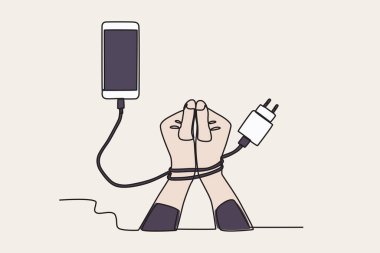 Cep telefonlarına bağlanmış ellerin renkli çizimi. Cep telefonu bağımlılığı tek satırlık çizim