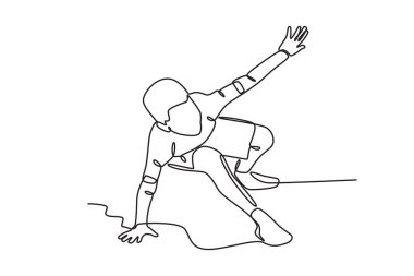 Sahnede dans eden bir adam. Dans eden tek satır çizimi