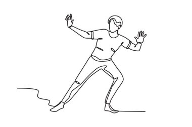 Sahnede dans eden bir adam. Dans eden tek satır çizimi