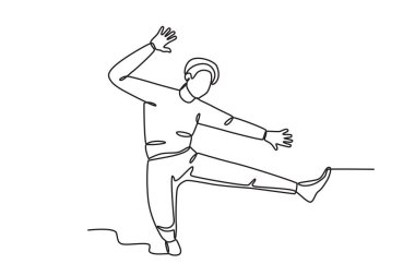 Sahnede dans eden bir adam. Dans eden tek satır çizimi