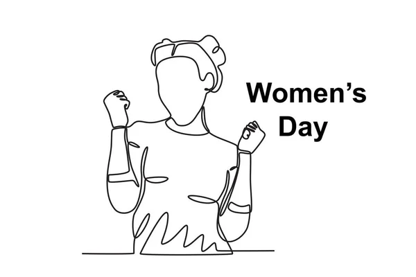 Szczęśliwa Kobieta Zacisnęła Pięści Obu Dłoniach Kobiecy Dzień Rysunek Jednowierszowy Wektor Stockowy