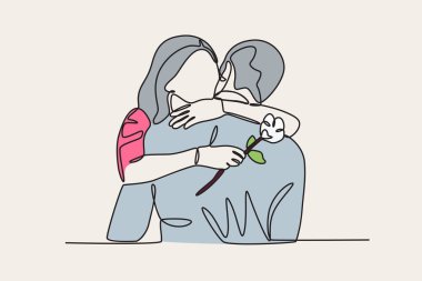 Beyaz Gün 'de gül alan bir kadın. beyaz gün tek satır çizimi