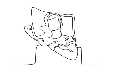 Bir adam kendi tarafında uyur. Dünya tek satırlık uyku günü çizimi