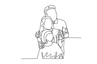 Bir çocuk babası tarafından taşınıyor. Aile tek satır çizimi