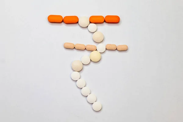 Close Photo Few Health Care Pills Shape Indian Rupee Symbol — Stock Photo, Image