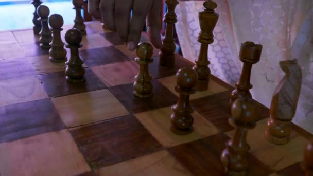 このビデオはレディーがチェスをしたり駒を動かしたり — ストック動画