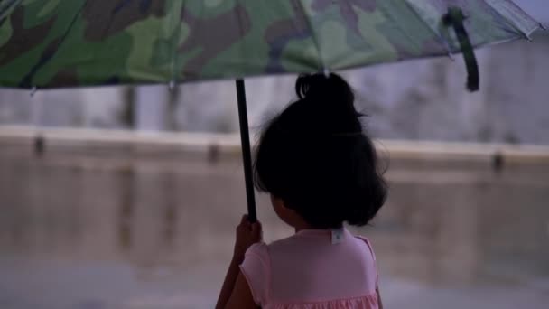 Niño Pequeño Camina Bajo Lluvia Sosteniendo Paraguas — Vídeos de Stock