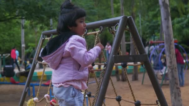 このビデオは公園で5年の少女を登ることについてです — ストック動画