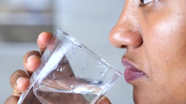 一个微笑的女人把一杯水举到嘴边的特写 — 图库视频影像