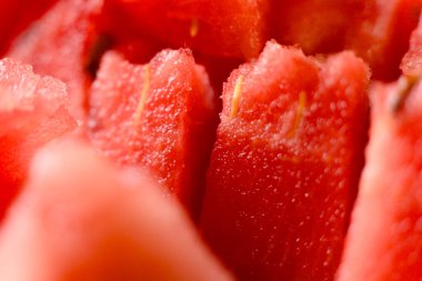 Olgun bir karpuz diliminin yakın plan görüntüsü canlı kırmızı etini, sulu dokusunu gözler önüne seriyor.