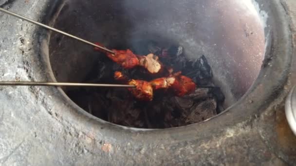 Marinált Csirke Darabok Főzés Egy Nyárson Egy Forró Láng Felett — Stock videók