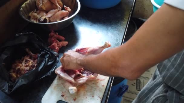 Close Shot Hands Cut Raw Chicken Parts Clean — Stock Video