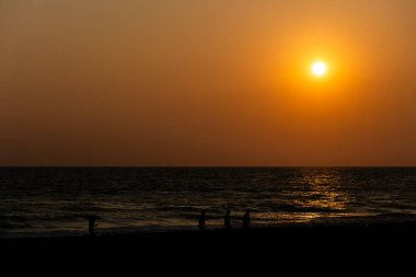 Sakin bir manzara, sakin bir okyanusun üzerinde güneşin batışını ve ılık parıltısının nazik dalgalardan yansımasını yakalar. Ufuk, görüntüyü iki farklı katmana ayırır, sahilin koyu silueti ve alt t 'ye derinlik katan bir çit ile.