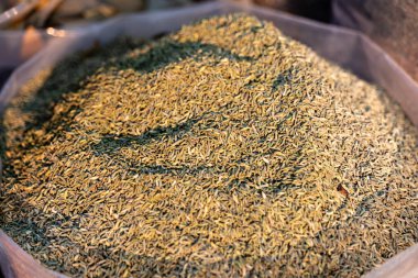 Rezene tohumlarının yakından görünüşü lezzet bakımından zengin ve kullanılmış yemek pişirmek için mükemmel mutfak malzemeleri ve baharat piyasası promosyonları için.