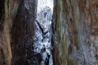 Bu büyüleyici stok fotoğrafı, doğa sanatının özünü iki kabataslak yüzeyin arasındaki aydınlık bir yol ile yakalar.