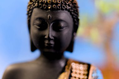 Yumuşak ışıkta yıkanmış huzurlu bir Buda heykelinin yakın görüntüsü huzurlu bir tapınak içinde huzurlu bir atmosfer yaratıyor..