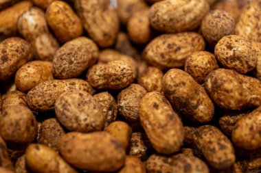 Kavrulmuş kabuklu fıstık, toprak tonları ve dokuların yakın çekimi. Yemek, atıştırmalık ve yemek tarifleri için mükemmel..