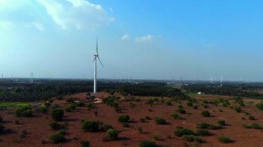 Bir rüzgar türbini, ender ağaçlarla çevrili ve açık mavi gökyüzünün altındaki kırsal bir alana hakim..