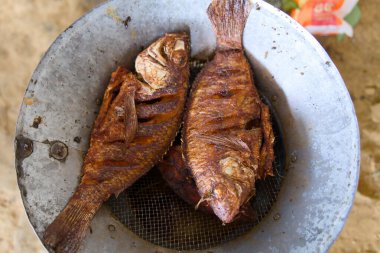 Kıyıdaki eski metal bir sepetin içine yerleştirilmiş kızarmış balıklar, yerel mutfakların lezzetlerini sergiliyor..