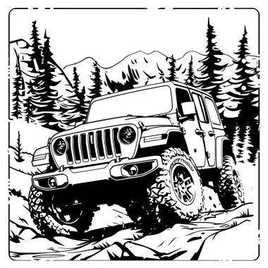 Canavar off road jeep silueti dağda, vektör tasarımı çizimi