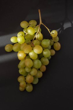 Berries of green bunch of grape in sunlight isolated on black background