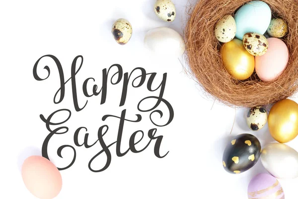 Bright Easter Eggs Happy Easter Lettering Holiday Concept Selective Focus — Stock fotografie