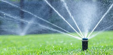 Ev bahçesindeki sulama sistemi. Otomatik sulama yemyeşil çimenlik. Seçici odak.