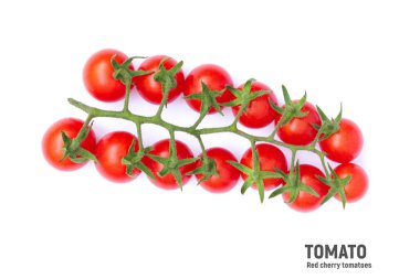 Beyaz arka planda izole edilmiş taze kiraz domatesleri. Üst görünüm.