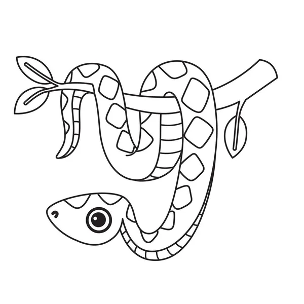 木の枝に吊るされた笑みを浮かべているボア ベクトルぬり絵ページ 白い背景に描かれた可愛い蛇のイラスト — ストックベクタ