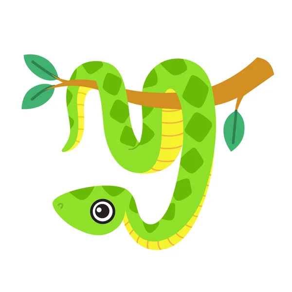 Cute Snake Smiling Boa Character Hanging Tree Branch Vector Illustration — Stock Vector