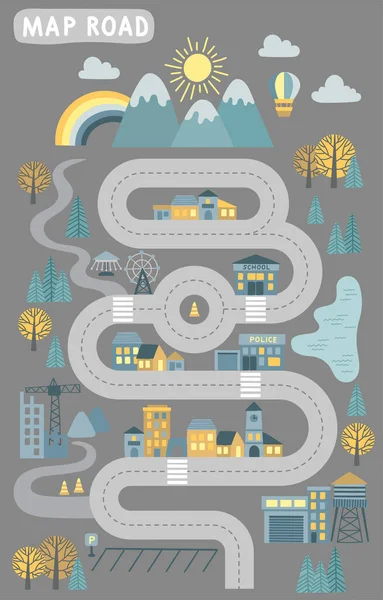 Barnens Karta Vägbygge Vektor Tecknad Illustration Barns Matta För Road — Stock vektor