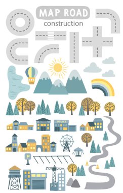 Set of segments for Childrens map road creator. Vector illustration of roads, mountains, wood, lake, building and construction site. Design for a kids game, poster for nursery decor clipart