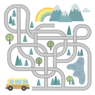 Arabaları ve karışık yolları olan çocuklar için vektör labirenti oyunu. Labirent Minibüsün dağlara ulaşmasına yardım et