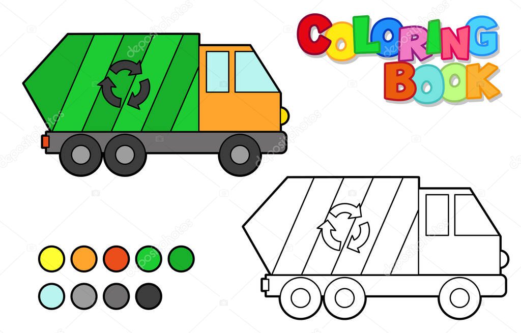 Vector Illustration of a garbage truck. Icon style with black outline. Coloring book for children