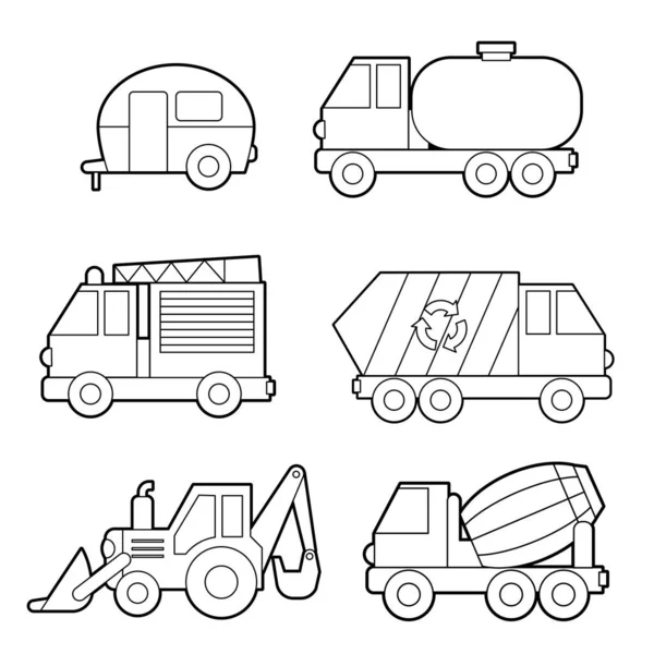 Sada Vektorových Ilustrací Vozidla Omalovánky Pro Děti Jednoduchá Úroveň — Stockový vektor