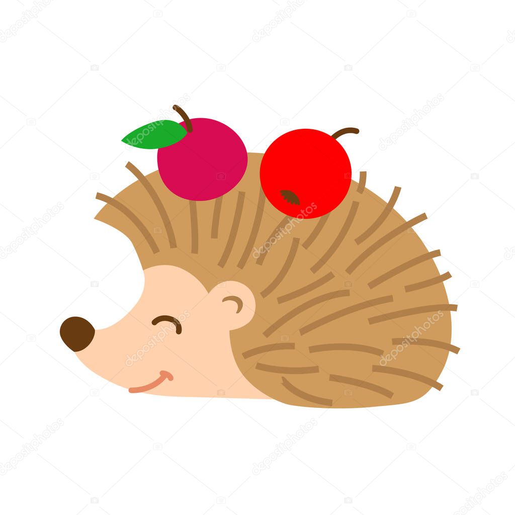 Funny forest animal in a cartoon style. Cute hedgehog with red apples on his back