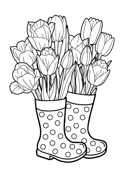 Vector Coloring Book Page Adults Bouquet Tulips Stands Rubber Boots — Stock Vector