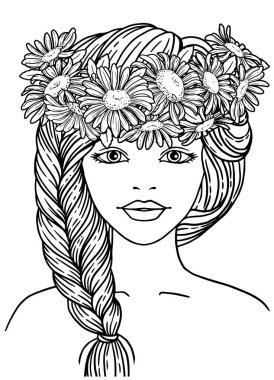 Yetişkinler için vektör boyama sayfası. Saç örgülü ve kafasında papatya çelengi olan bir kız.