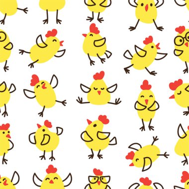 Little yellow chicks are having fun. Vector seamless pattern in doodle style