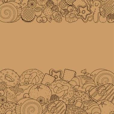 Vector contour illustration of sweet food, candies, pastries, desserts, baked products. Background pattern for Menu